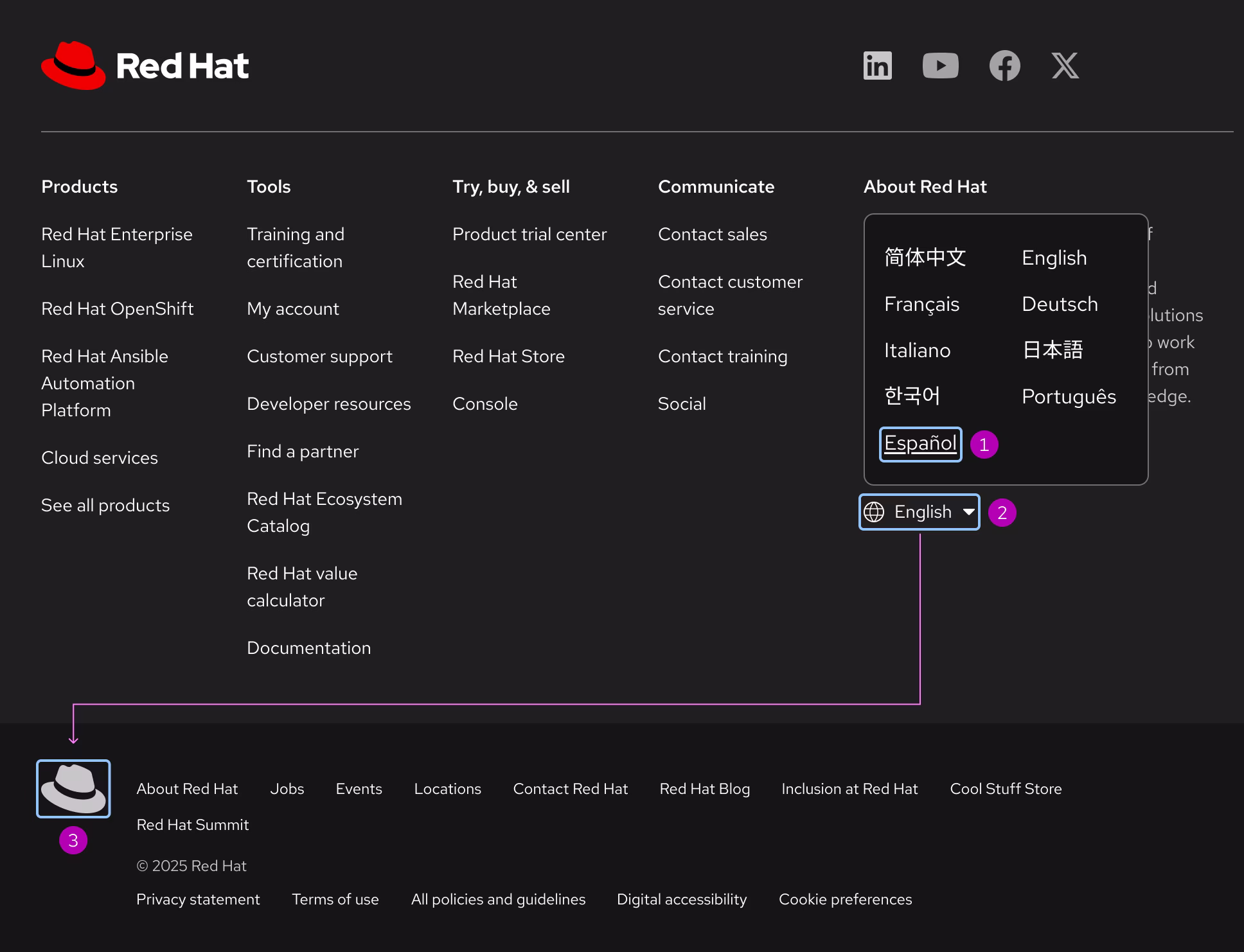 Image of a footer with the language selector menu open showing the menu closing when focus is moved